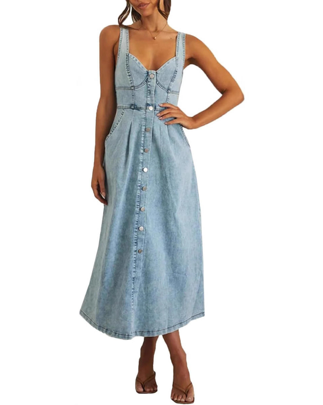 Eirlys | Classic Denim Dress – Button-Front Midi Style