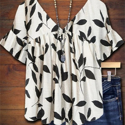 Elara | Relaxed Women's Top – Ruffle Sleeve Leaf Print