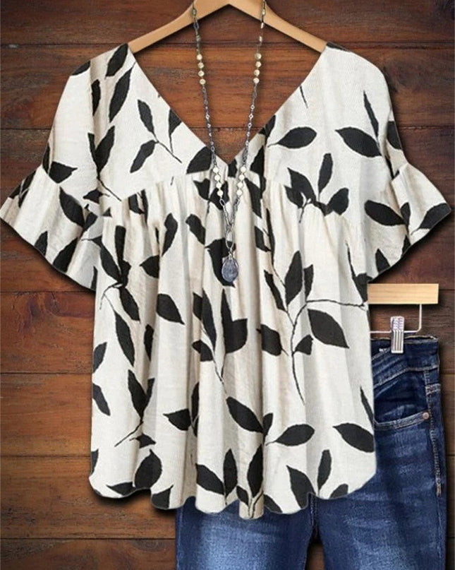 Elara | Relaxed Women's Top – Ruffle Sleeve Leaf Print