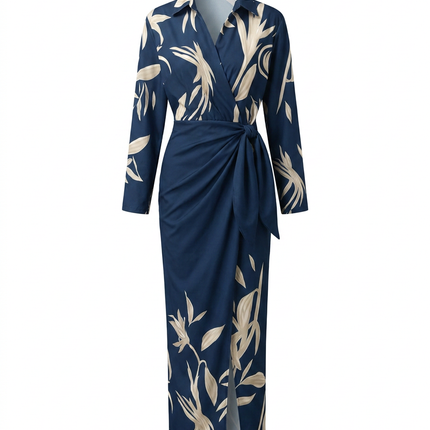 Eliana | Elegant Wrap Maxi Dress – Leaf Print V-Neck