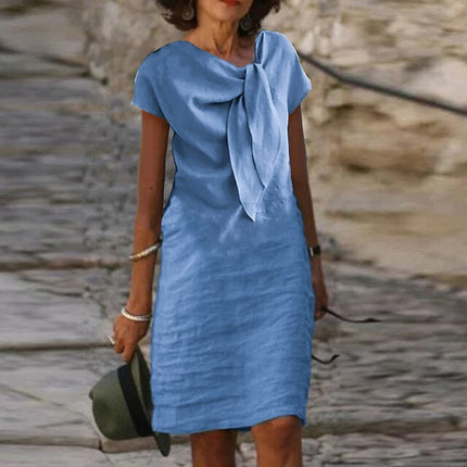 Elira | Relaxed Linen-Look Dress – Elegant Bow Neck Midi Style