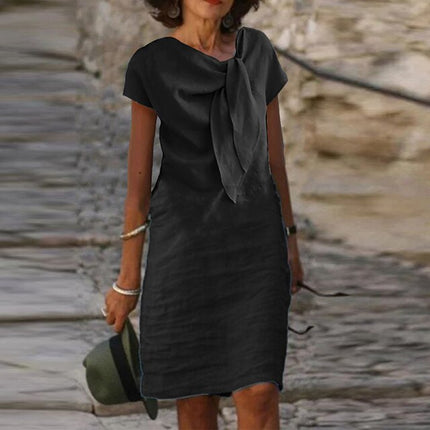 Elira | Relaxed Linen-Look Dress – Elegant Bow Neck Midi Style