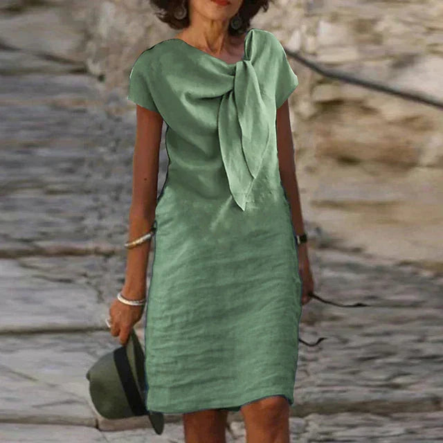 Elira | Relaxed Linen-Look Dress – Elegant Bow Neck Midi Style