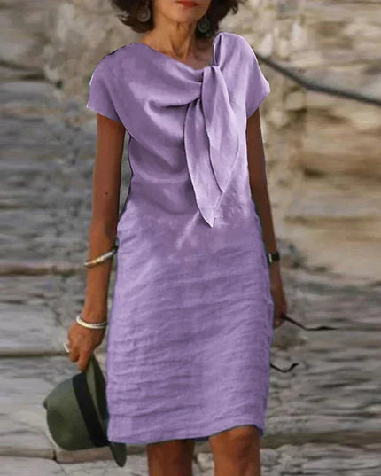 Elira | Relaxed Linen-Look Dress – Elegant Bow Neck Midi Style