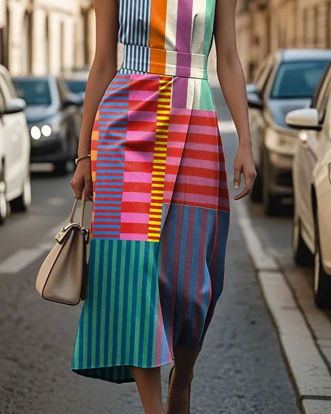 Elowen | Graphic A-Line Midi Dress – Modern Sleeveless Style