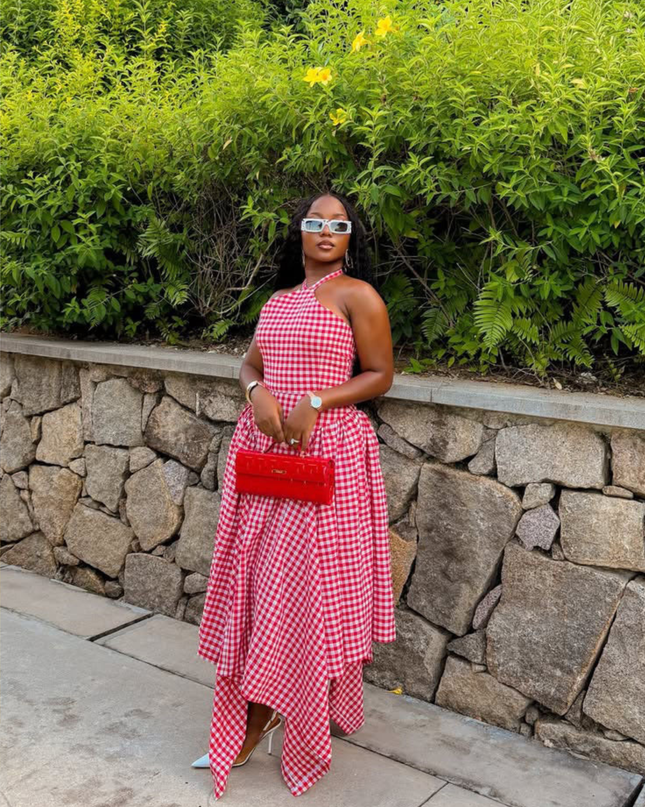 Elowen | Statement Midi Dress – Asymmetric Gingham Style
