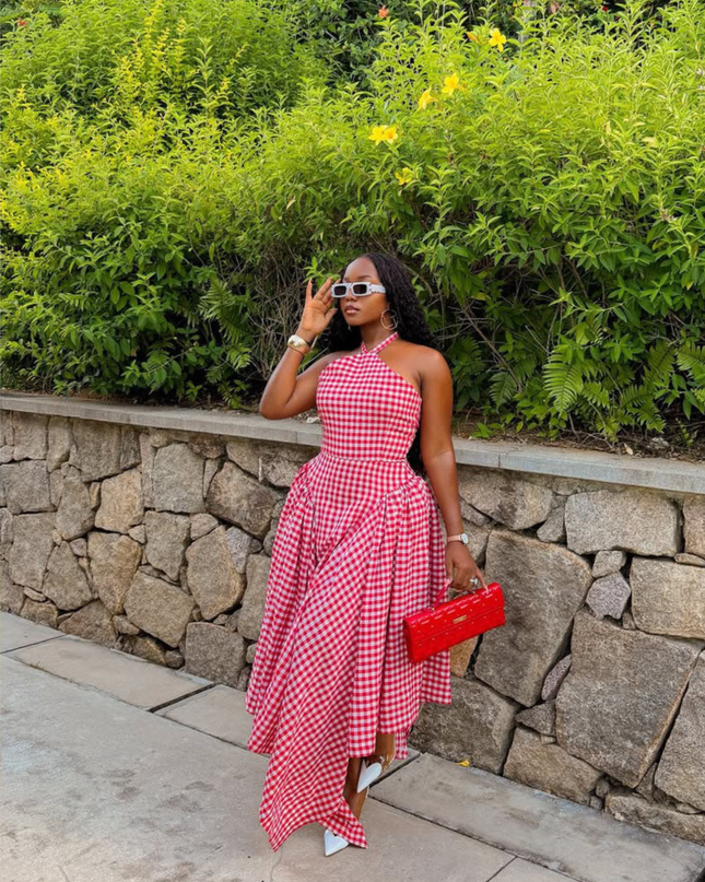Elowen | Statement Midi Dress – Asymmetric Gingham Style