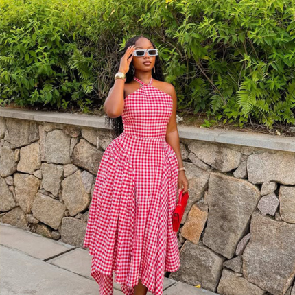 Elowen | Statement Midi Dress – Asymmetric Gingham Style