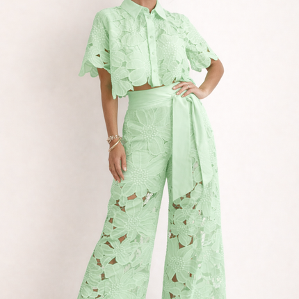 Evadine | Elegant Two-Piece Set – Lace Blouse & Wide-Leg Pants