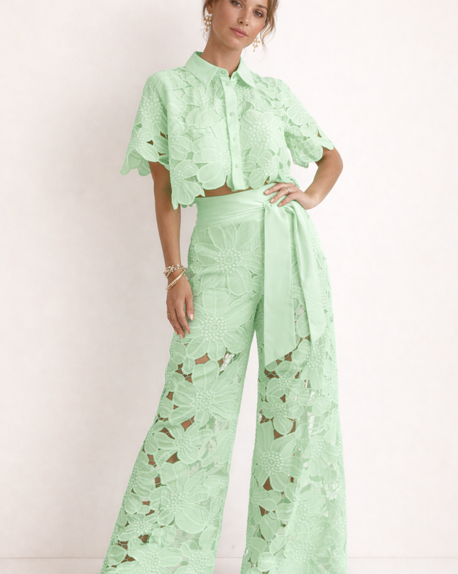 Evadine | Elegant Two-Piece Set – Lace Blouse & Wide-Leg Pants
