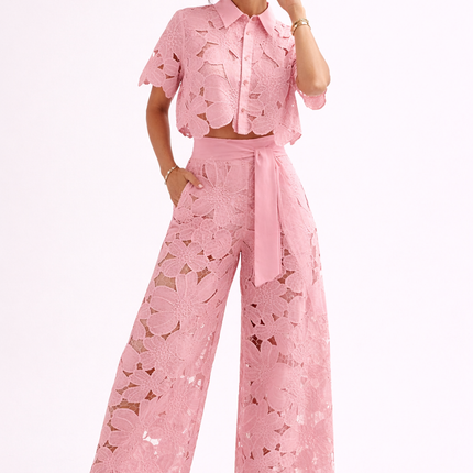 Evadine | Elegant Two-Piece Set – Lace Blouse & Wide-Leg Pants