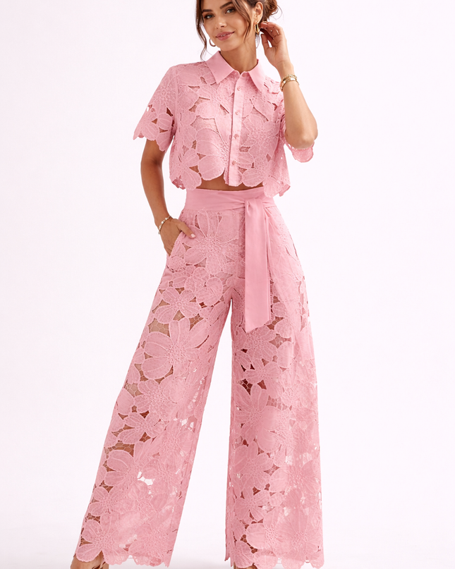 Evadine | Elegant Two-Piece Set – Lace Blouse & Wide-Leg Pants