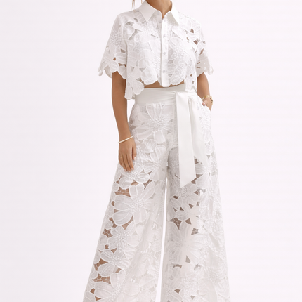 Evadine | Elegant Two-Piece Set – Lace Blouse & Wide-Leg Pants