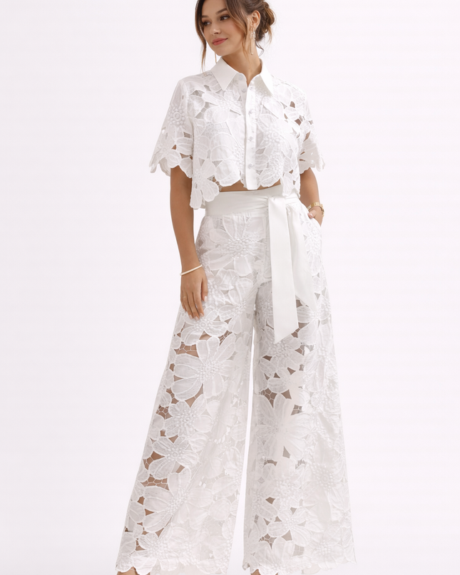 Evadine | Elegant Two-Piece Set – Lace Blouse & Wide-Leg Pants