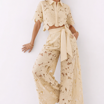 Evadine | Elegant Two-Piece Set – Lace Blouse & Wide-Leg Pants