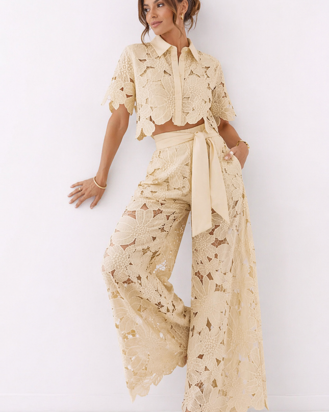 Evadine | Elegant Two-Piece Set – Lace Blouse & Wide-Leg Pants