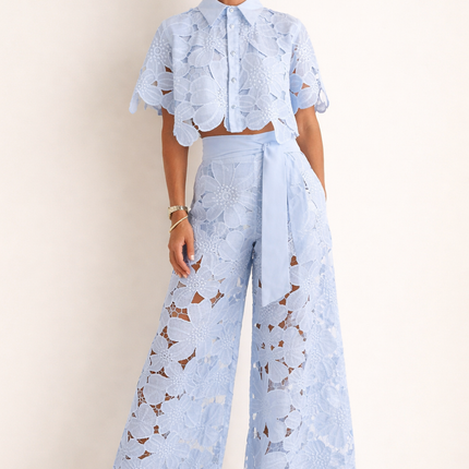 Evadine | Elegant Two-Piece Set – Lace Blouse & Wide-Leg Pants