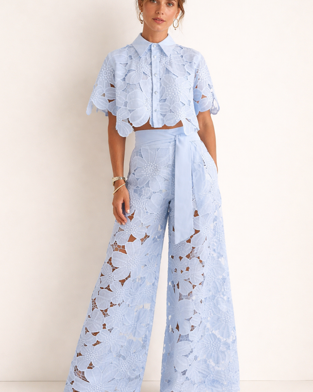 Evadine | Elegant Two-Piece Set – Lace Blouse & Wide-Leg Pants