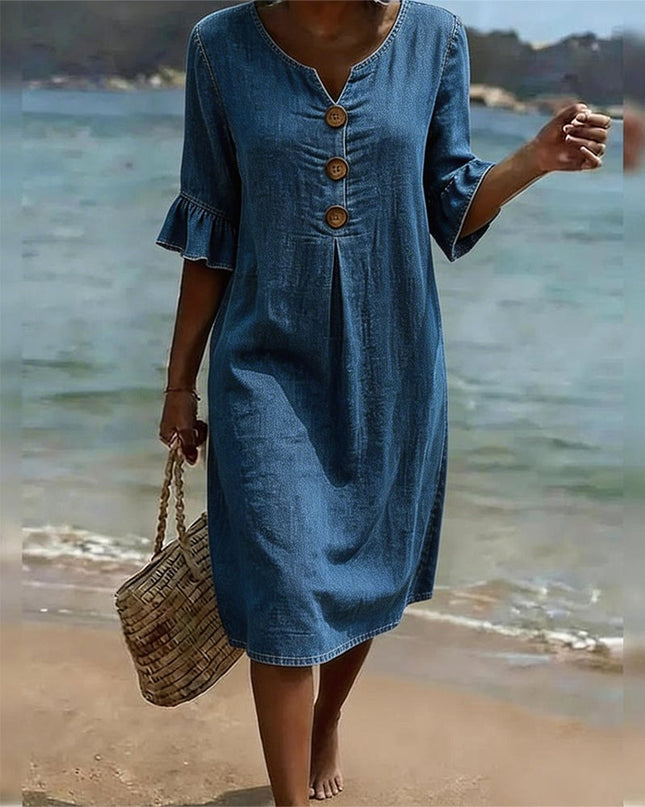 Evelyn | Casual Denim Dress – Button Front Midi