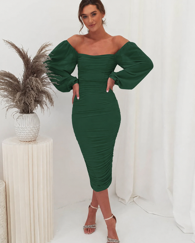 Debra | Ruched Midi Dress with Sheer Long Sleeves