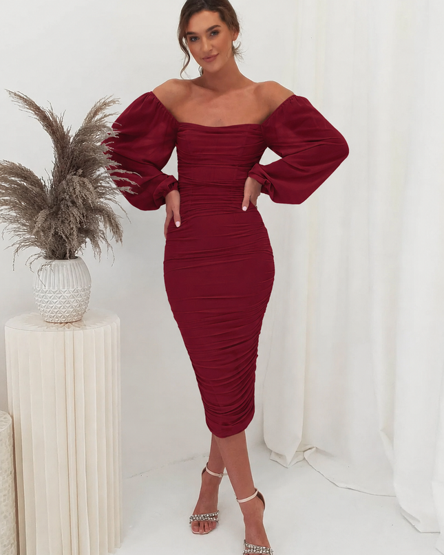 Debra | Ruched Midi Dress with Sheer Long Sleeves