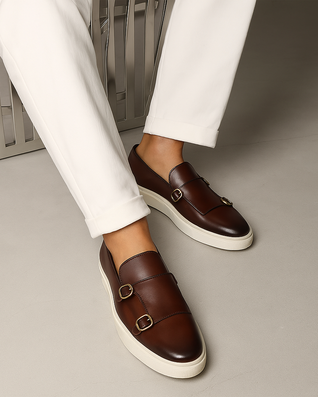 Men’s Slip-On Shoes – Double Buckle Detail & White Sole