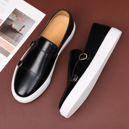 Men’s Slip-On Shoes – Double Buckle Detail & White Sole