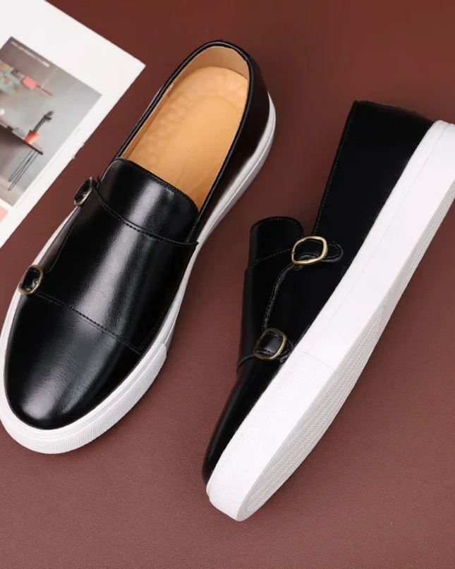 Men’s Slip-On Shoes – Double Buckle Detail & White Sole