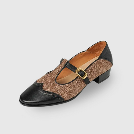 Harriet | Women's Tweed & Leather Mary Jane Flats – T-Bar Buckle