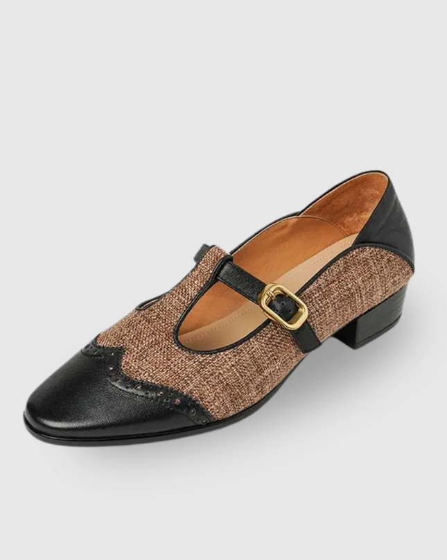 Harriet | Women's Tweed & Leather Mary Jane Flats – T-Bar Buckle
