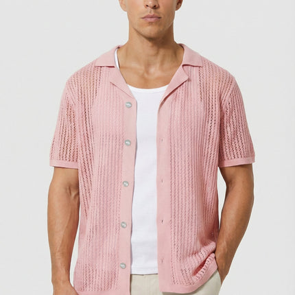 Men's Shirt Crochet Knit Relaxed Fit Button-Up Lightweight Casual Design