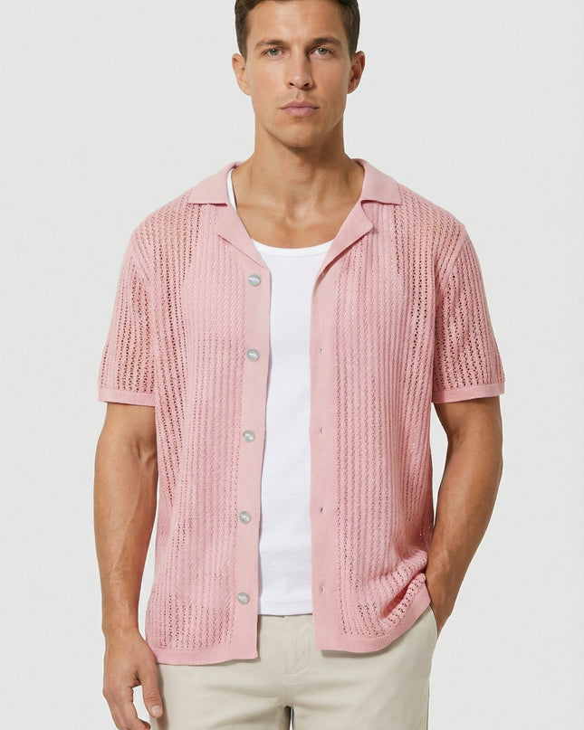 Men's Shirt Crochet Knit Relaxed Fit Button-Up Lightweight Casual Design