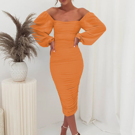 Debra | Ruched Midi Dress with Sheer Long Sleeves