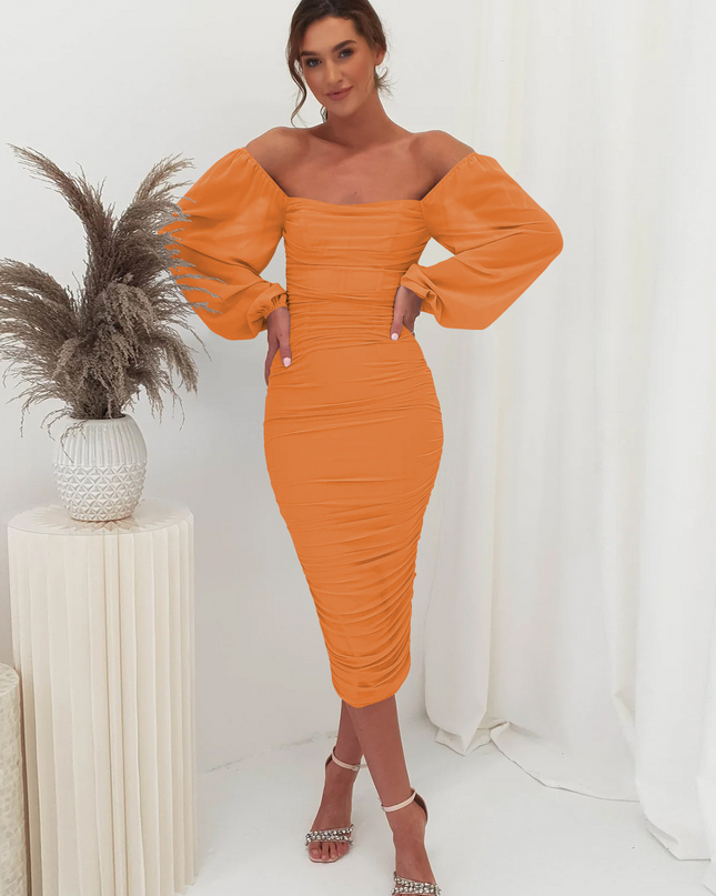 Debra | Ruched Midi Dress with Sheer Long Sleeves