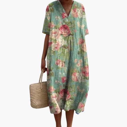 Madeleine | Relaxed Oversized Midi Dress – Floral V-Neck