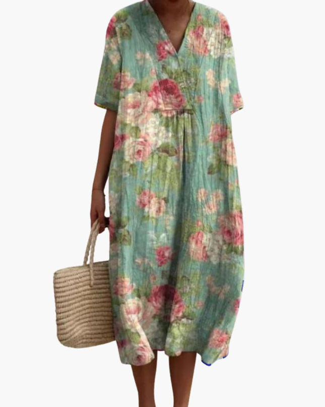 Madeleine | Relaxed Oversized Midi Dress – Floral V-Neck