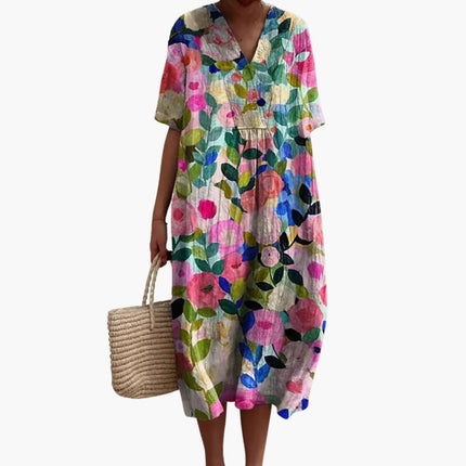 Madeleine | Relaxed Oversized Midi Dress – Floral V-Neck