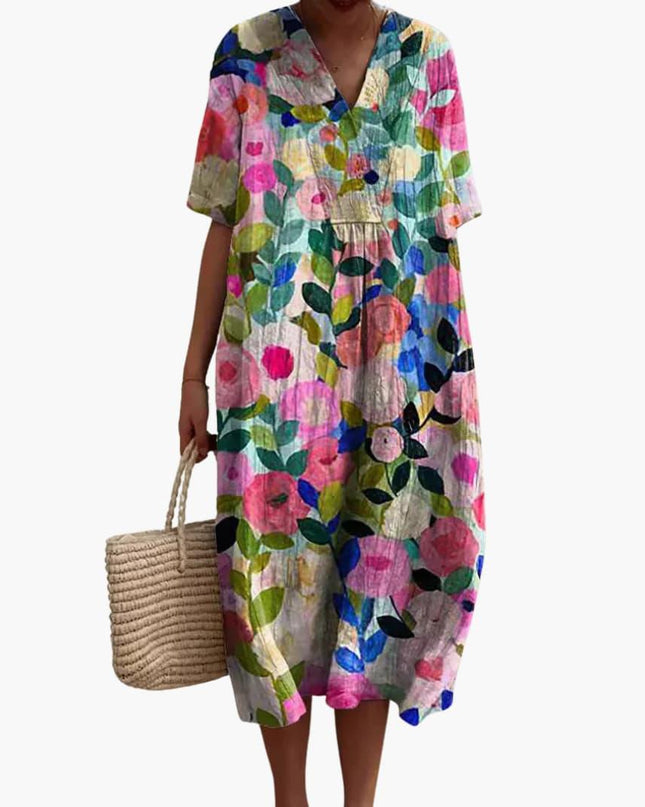 Madeleine | Relaxed Oversized Midi Dress – Floral V-Neck