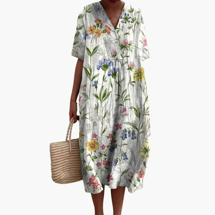 Madeleine | Relaxed Oversized Midi Dress – Floral V-Neck