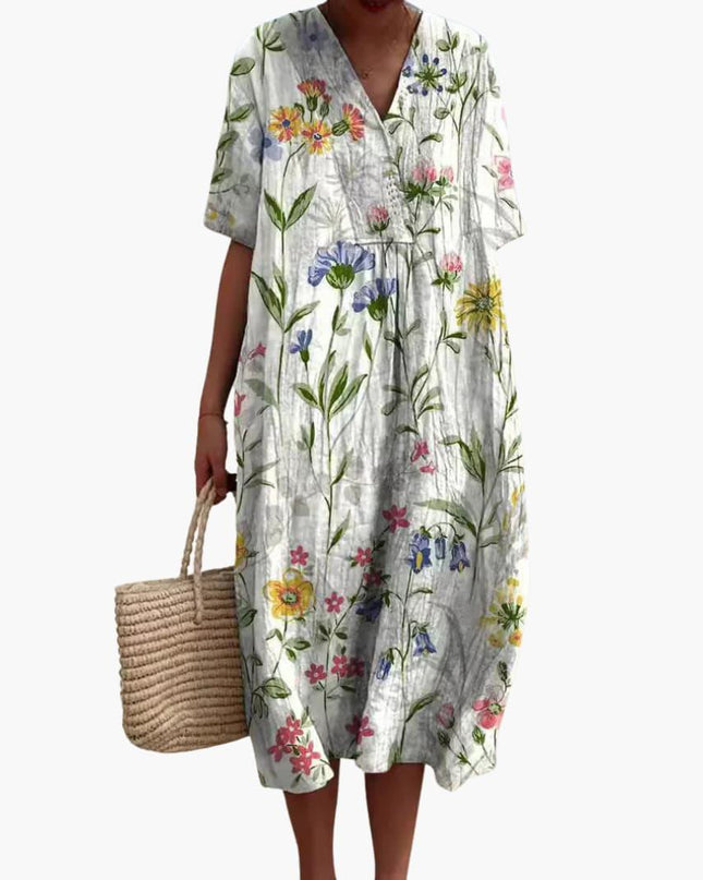 Madeleine | Relaxed Oversized Midi Dress – Floral V-Neck