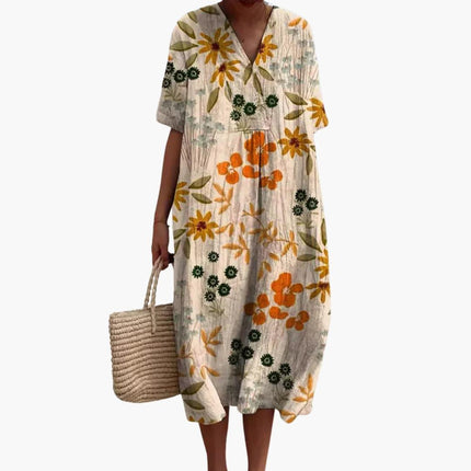 Madeleine | Relaxed Oversized Midi Dress – Floral V-Neck