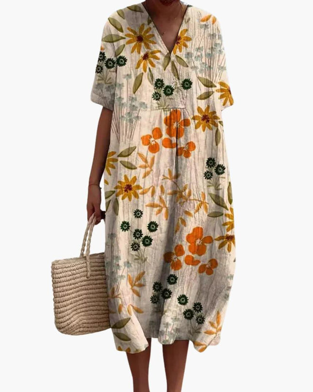 Madeleine | Relaxed Oversized Midi Dress – Floral V-Neck