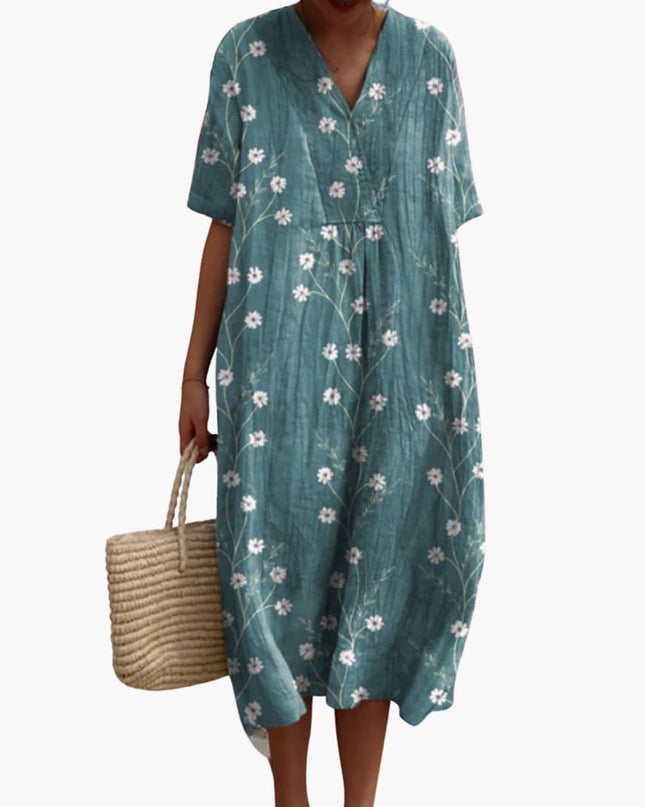 Madeleine | Relaxed Oversized Midi Dress – Floral V-Neck