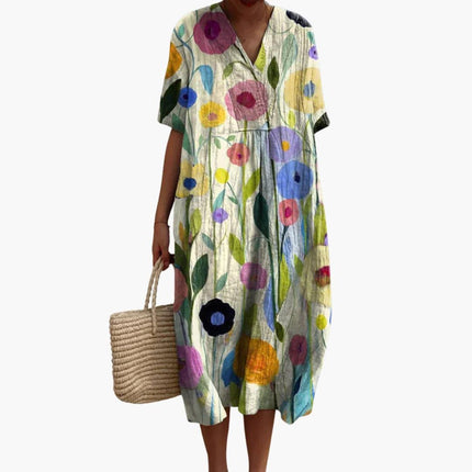 Madeleine | Relaxed Oversized Midi Dress – Floral V-Neck