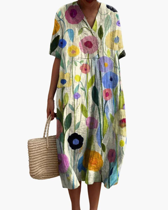 Madeleine | Relaxed Oversized Midi Dress – Floral V-Neck