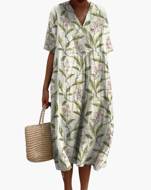 Madeleine | Relaxed Oversized Midi Dress – Floral V-Neck