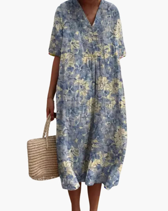 Madeleine | Relaxed Oversized Midi Dress – Floral V-Neck