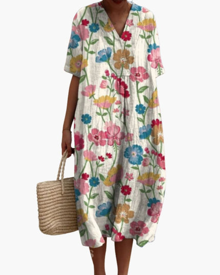 Madeleine | Relaxed Oversized Midi Dress – Floral V-Neck