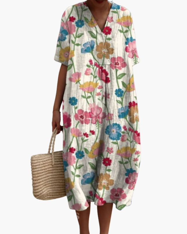 Madeleine | Relaxed Oversized Midi Dress – Floral V-Neck