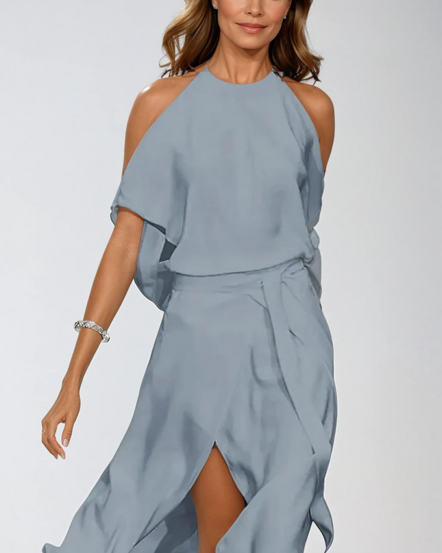 Marcelline | Elegant Halter Midi Dress – Draped Cold Shoulder